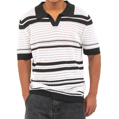 LOWKAL Riviera Open-Knit Stripe Polo T-Shirt
