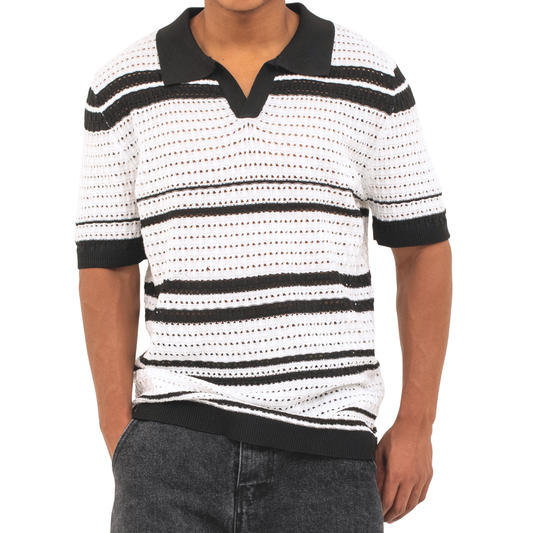 LOWKAL Riviera Open-Knit Stripe Polo T-Shirt