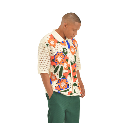 Botanical Mosaic Crochet Shirt – Cream Multi