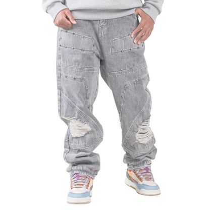 Men’s Grey Utility Ripstop Distressed Baggy Jeans