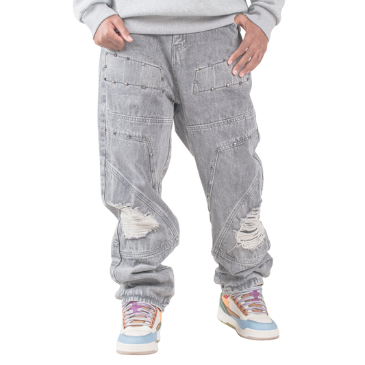 Men’s Grey Utility Ripstop Distressed Baggy Jeans