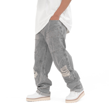 Men’s Grey Utility Ripstop Distressed Baggy Jeans
