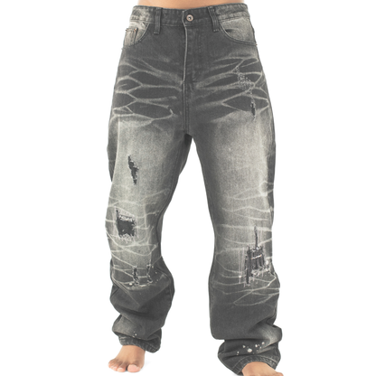 Midnight Graffiti Distressed Straight-Leg Denim