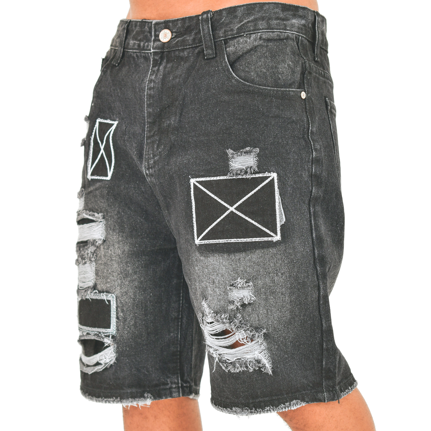 Obsidian Patch Distressed Denim Shorts 13918