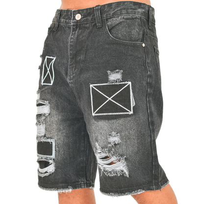 Obsidian Patch Distressed Denim Shorts 13918
