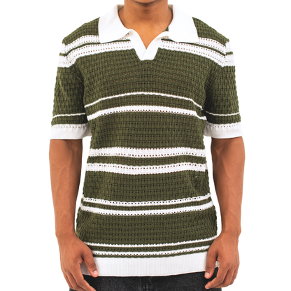 LOWKAL Riviera Open-Knit Stripe Polo T-Shirt