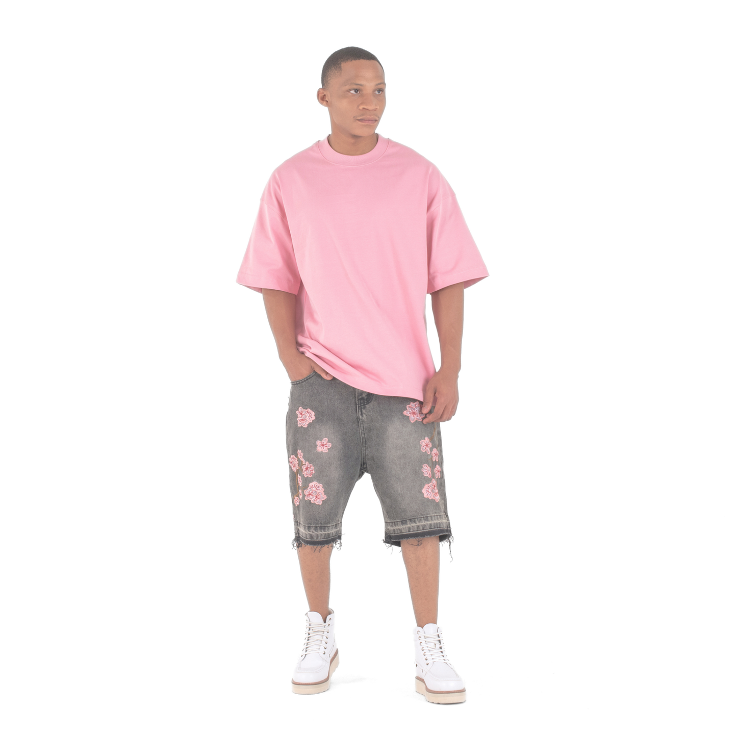 Sakura Bloom Embroidered Denim Shorts
