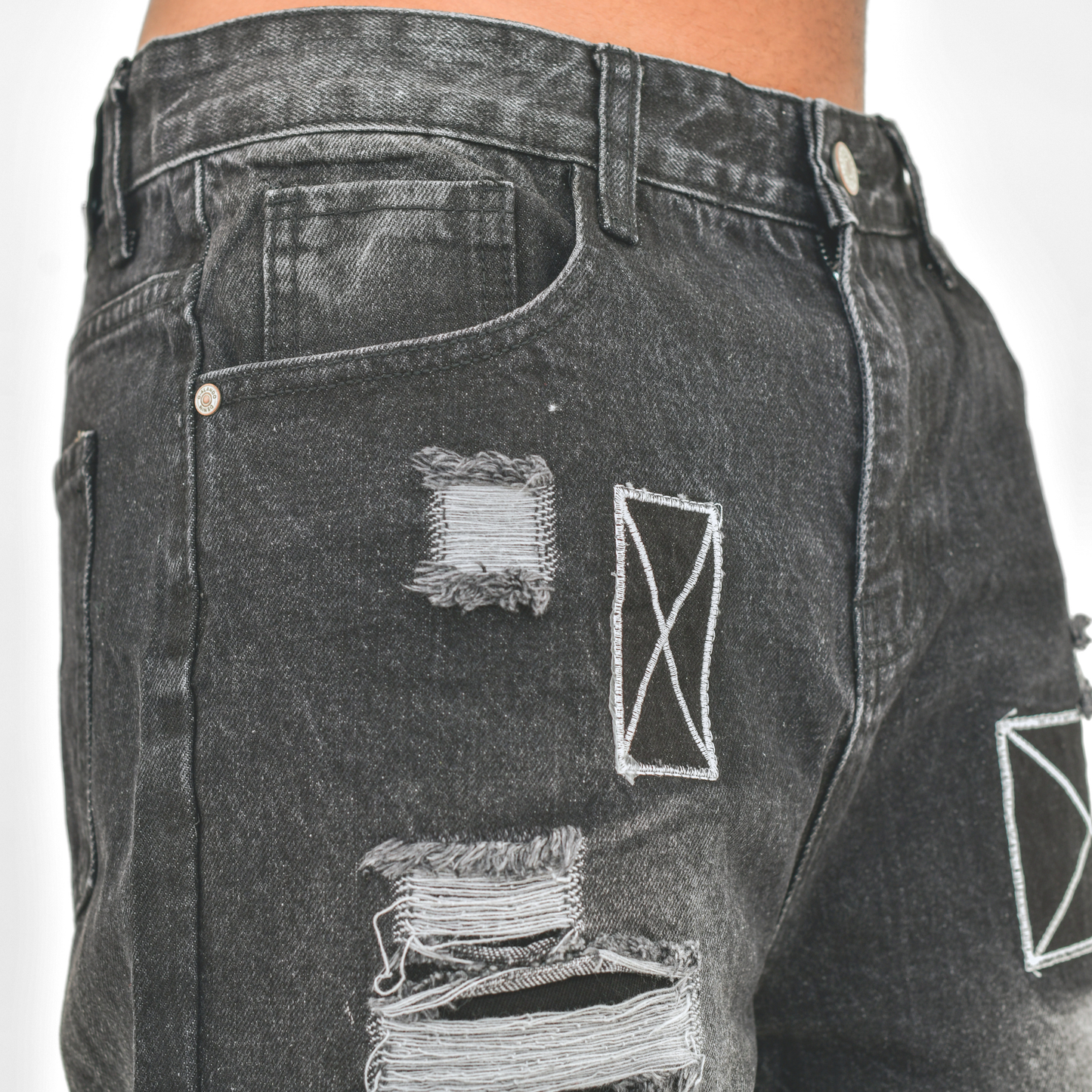 Obsidian Patch Distressed Denim Shorts 13918