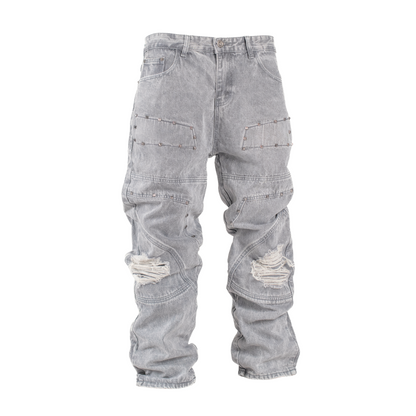 Men’s Grey Utility Ripstop Distressed Baggy Jeans