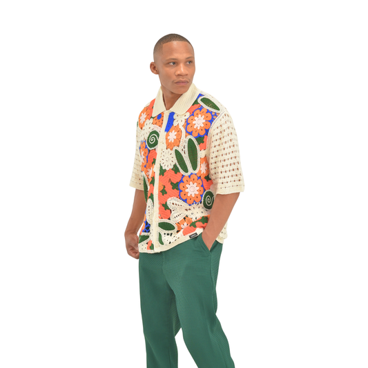 Botanical Mosaic Crochet Shirt – Cream Multi