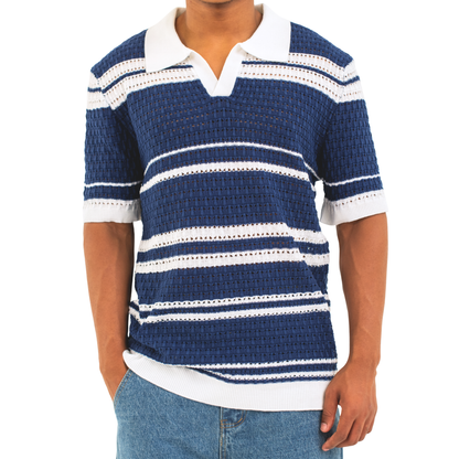 LOWKAL Riviera Open-Knit Stripe Polo T-Shirt