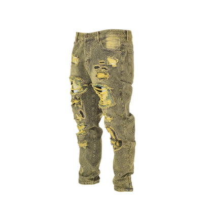 Men Vintage Distressed Ripped Straight Cut Non Stretch Denim Jeans.