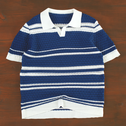 LOWKAL Riviera Open-Knit Stripe Polo T-Shirt
