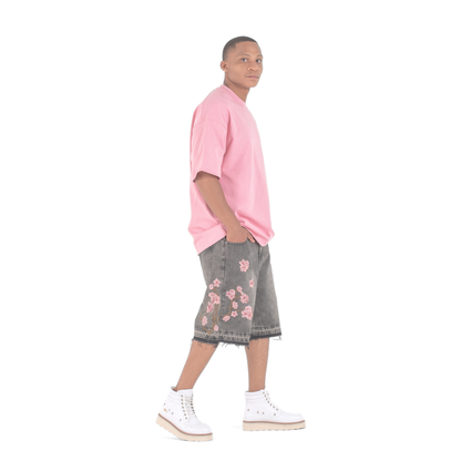 Sakura Bloom Embroidered Denim Shorts