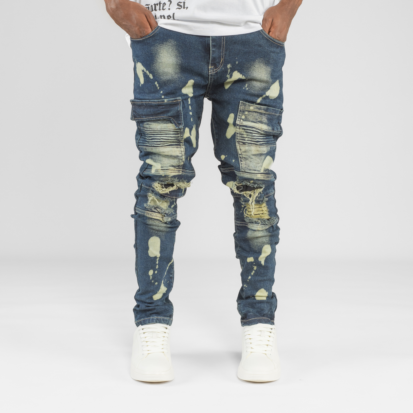 Men’s Bleach Strike Distressed Cargo Biker Denim