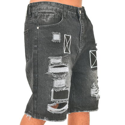 Obsidian Patch Distressed Denim Shorts 13918