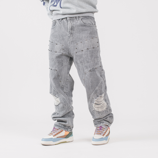 Men’s Grey Utility Ripstop Distressed Baggy Jeans