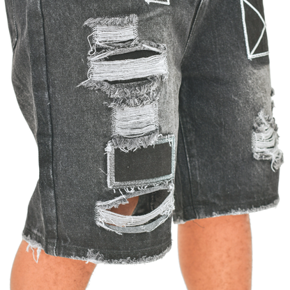 Obsidian Patch Distressed Denim Shorts 13918