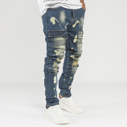 Men’s Bleach Strike Distressed Cargo Biker Denim