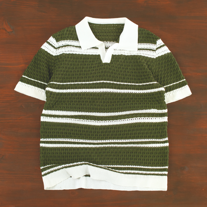LOWKAL Riviera Open-Knit Stripe Polo T-Shirt