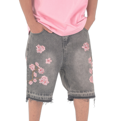 Sakura Bloom Embroidered Denim Shorts