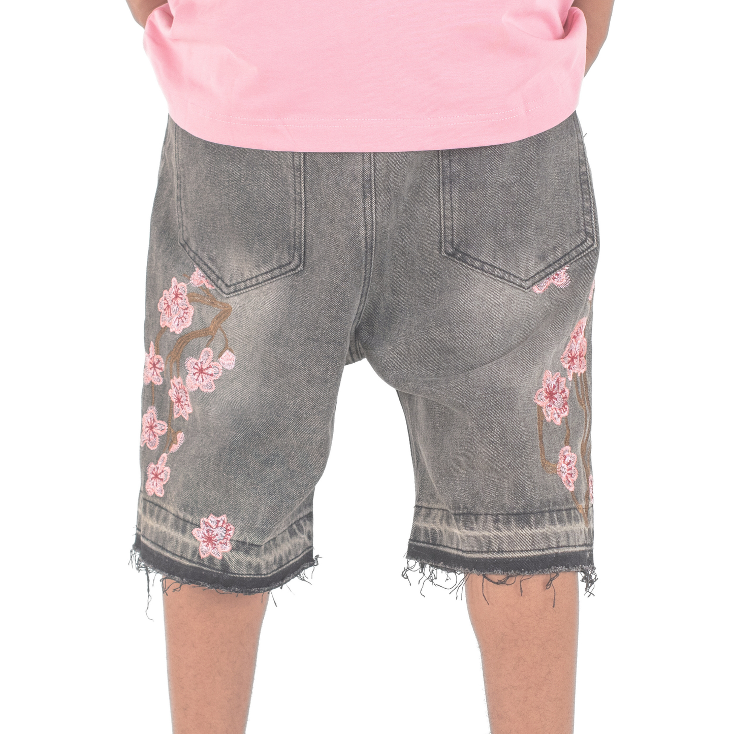 Sakura Bloom Embroidered Denim Shorts
