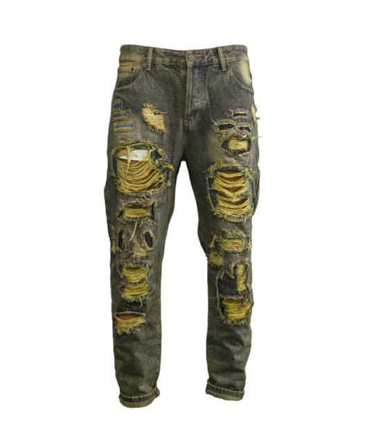 Men Vintage Distressed Dirty Green Ripped Jeans