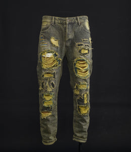 Men Vintage Distressed Dirty Green Ripped Jeans