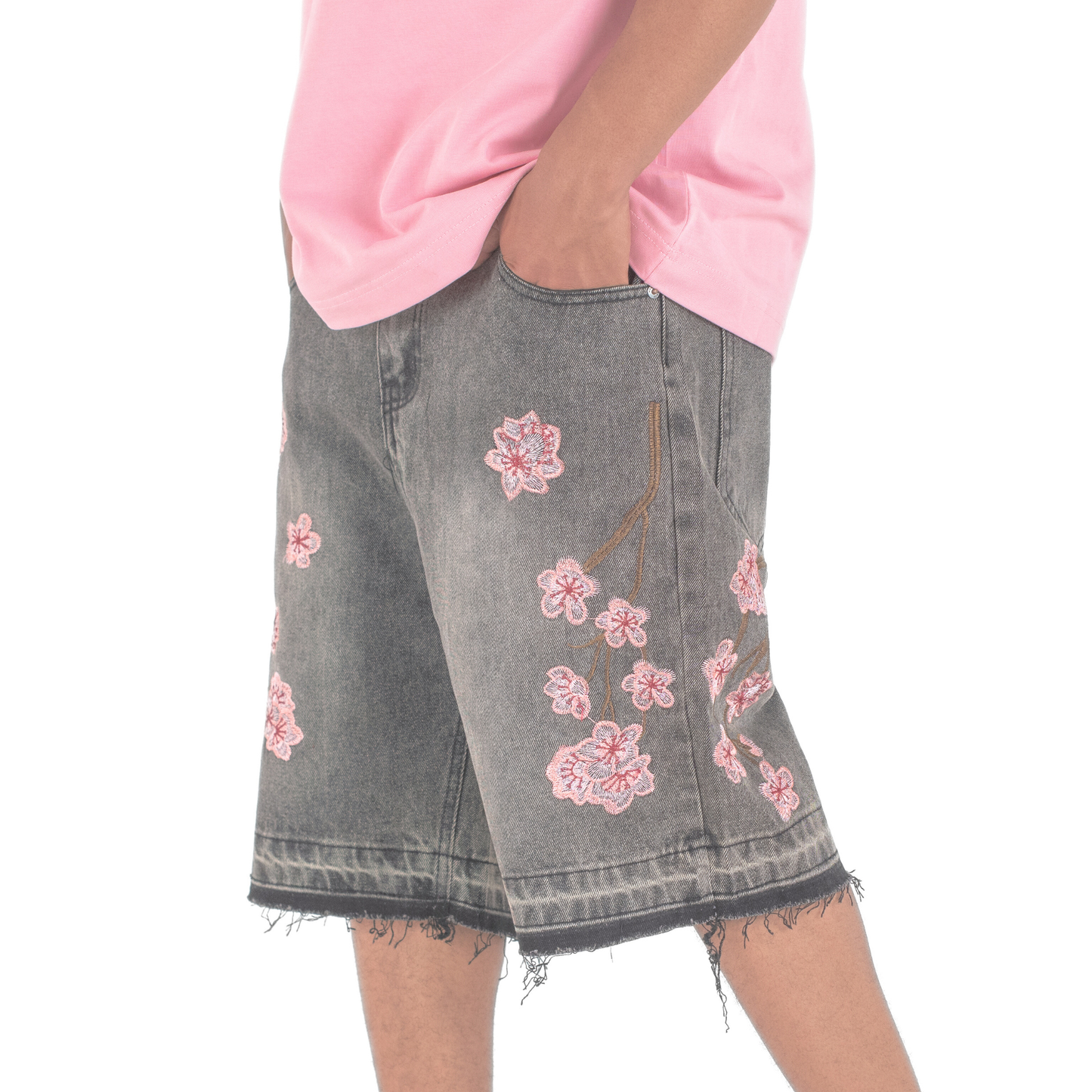 Sakura Bloom Embroidered Denim Shorts
