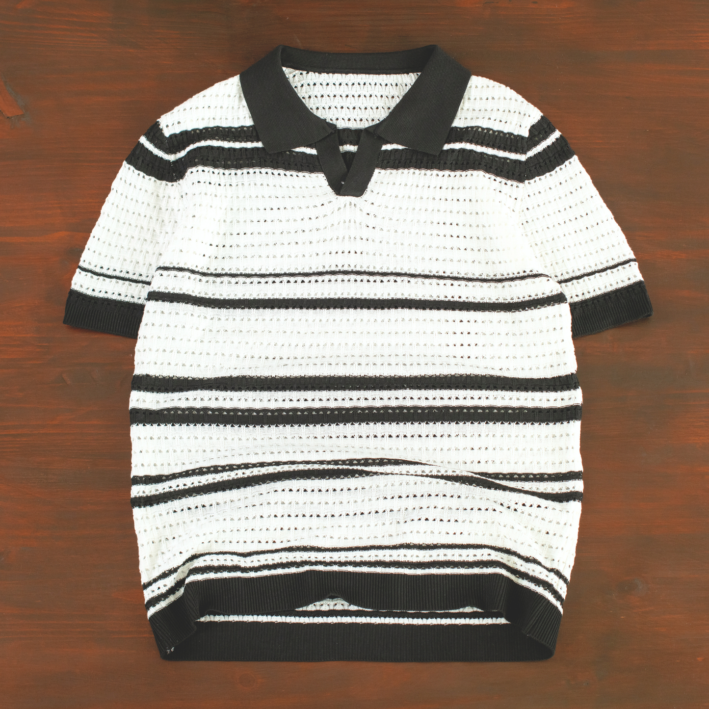 LOWKAL Riviera Open-Knit Stripe Polo T-Shirt
