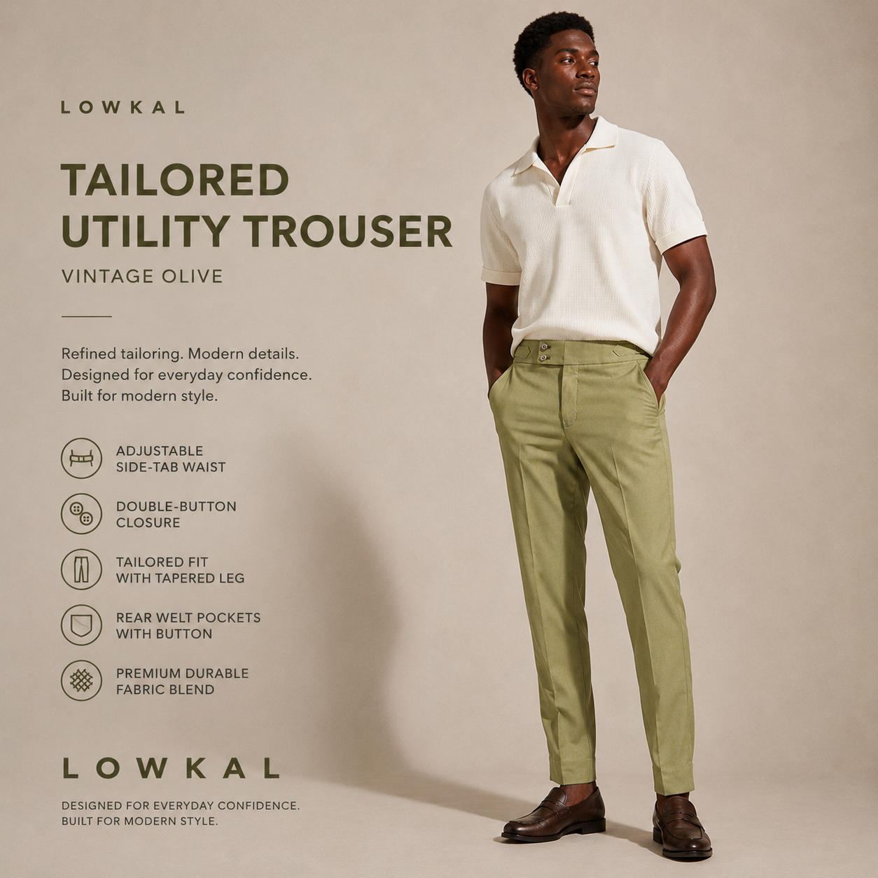 LOWKAL Tailored Utility Trouser – Vintage Olive
