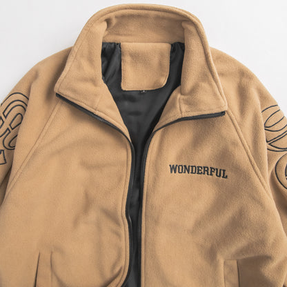 Men’s Retro Letter Embroidered Full Zip Fleece Jacket.