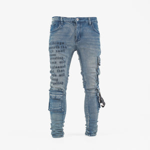 Men’s Graffiti Tactical Cargo Denim Jeans – Blue Wash