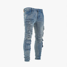 Load image into Gallery viewer, Men’s Graffiti Tactical Cargo Denim Jeans – Blue Wash
