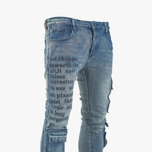 Load image into Gallery viewer, Men’s Graffiti Tactical Cargo Denim Jeans – Blue Wash
