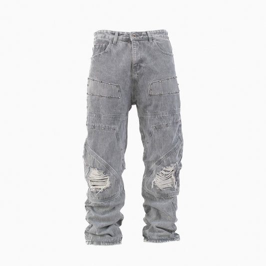 Men’s Grey Utility Ripstop Distressed Baggy Jeans
