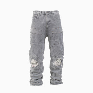 Men’s Grey Utility Ripstop Distressed Baggy Jeans