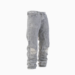 Men’s Grey Utility Ripstop Distressed Baggy Jeans