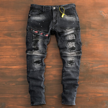 Men’s Black Distressed Strap Detail Denim Jeans