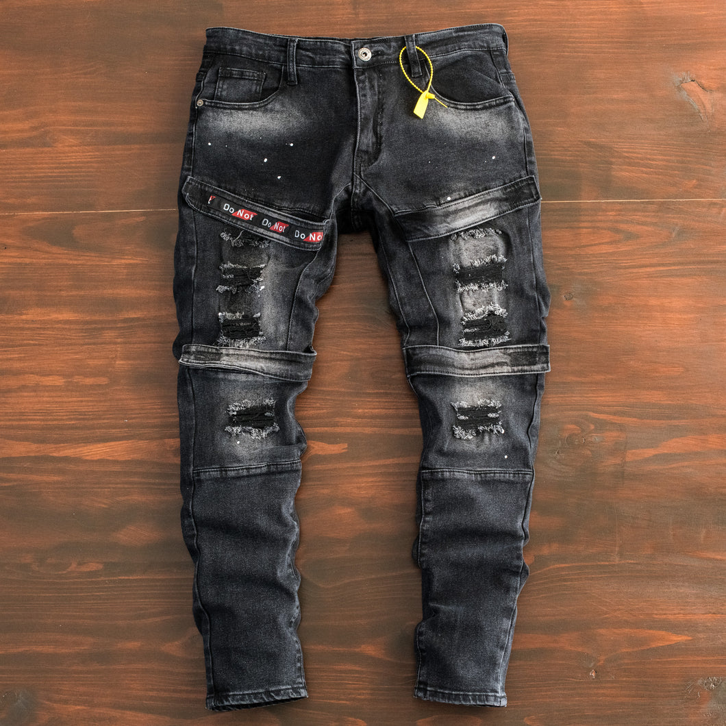 Men’s Black Distressed Strap Detail Denim Jeans