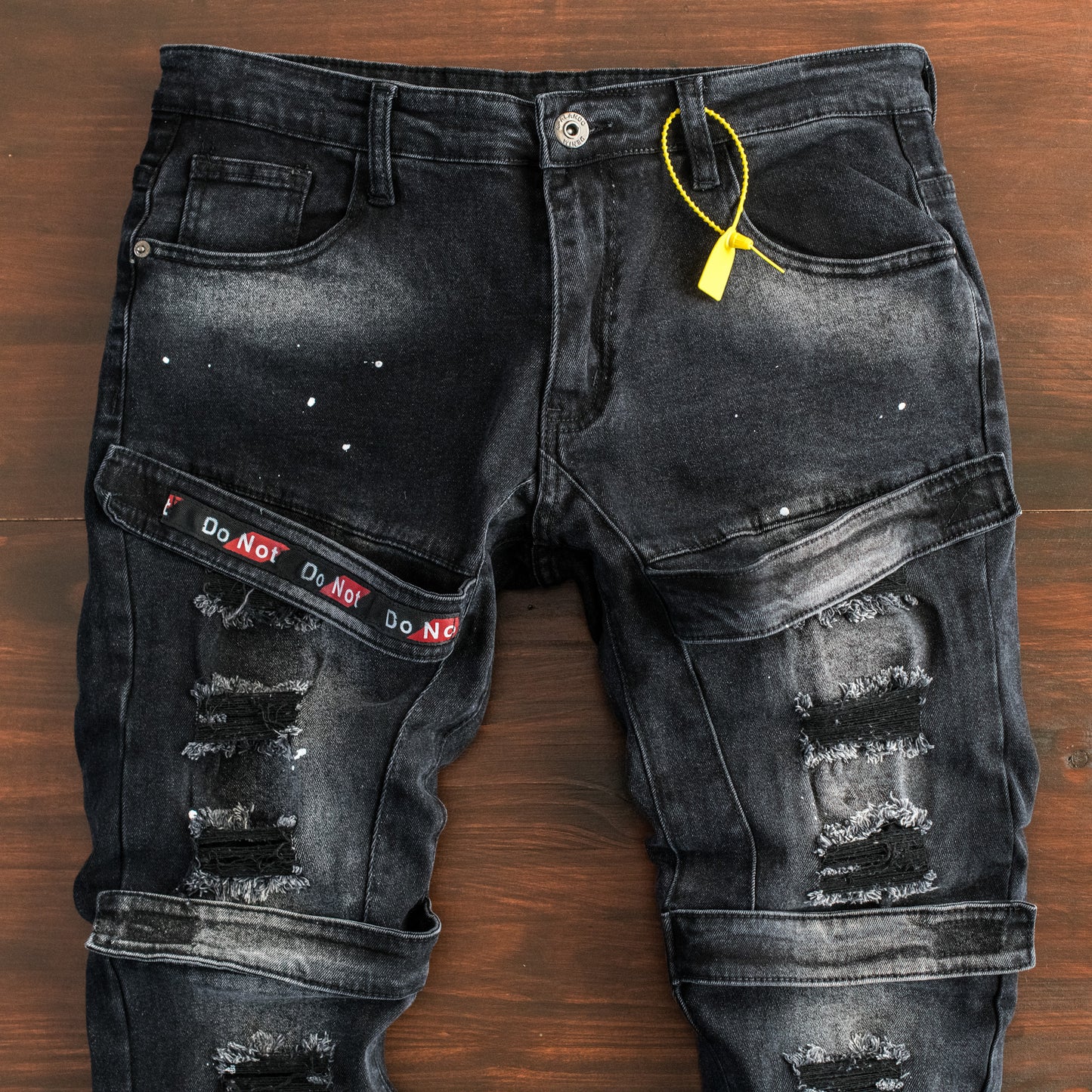 Men’s Black Distressed Strap Detail Denim Jeans