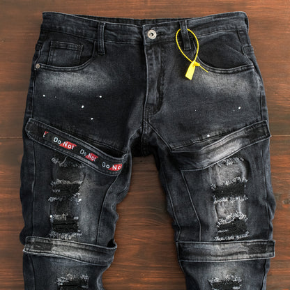 Men’s Black Distressed Strap Detail Denim Jeans
