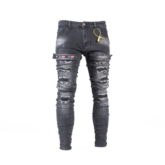 Men’s Black Distressed Strap Detail Denim Jeans