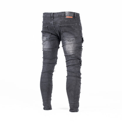 Men’s Black Distressed Strap Detail Denim Jeans