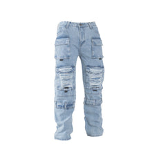 Load image into Gallery viewer, Tactical Distressed Multi-Pocket Cargo Jeans – Light Blue
