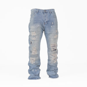 Men’s Rugged Distressed Patchwork Denim Jeans