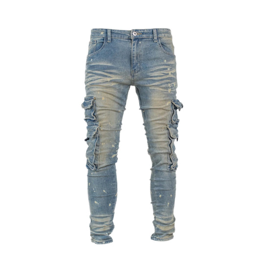 Men’s Vintage Wash Multi-Pocket Cargo Denim Jeans