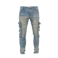 Load image into Gallery viewer, Men’s Vintage Wash Multi-Pocket Cargo Denim Jeans
