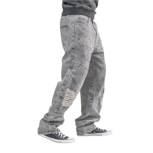 Men’s Grey Utility Ripstop Distressed Baggy Jeans