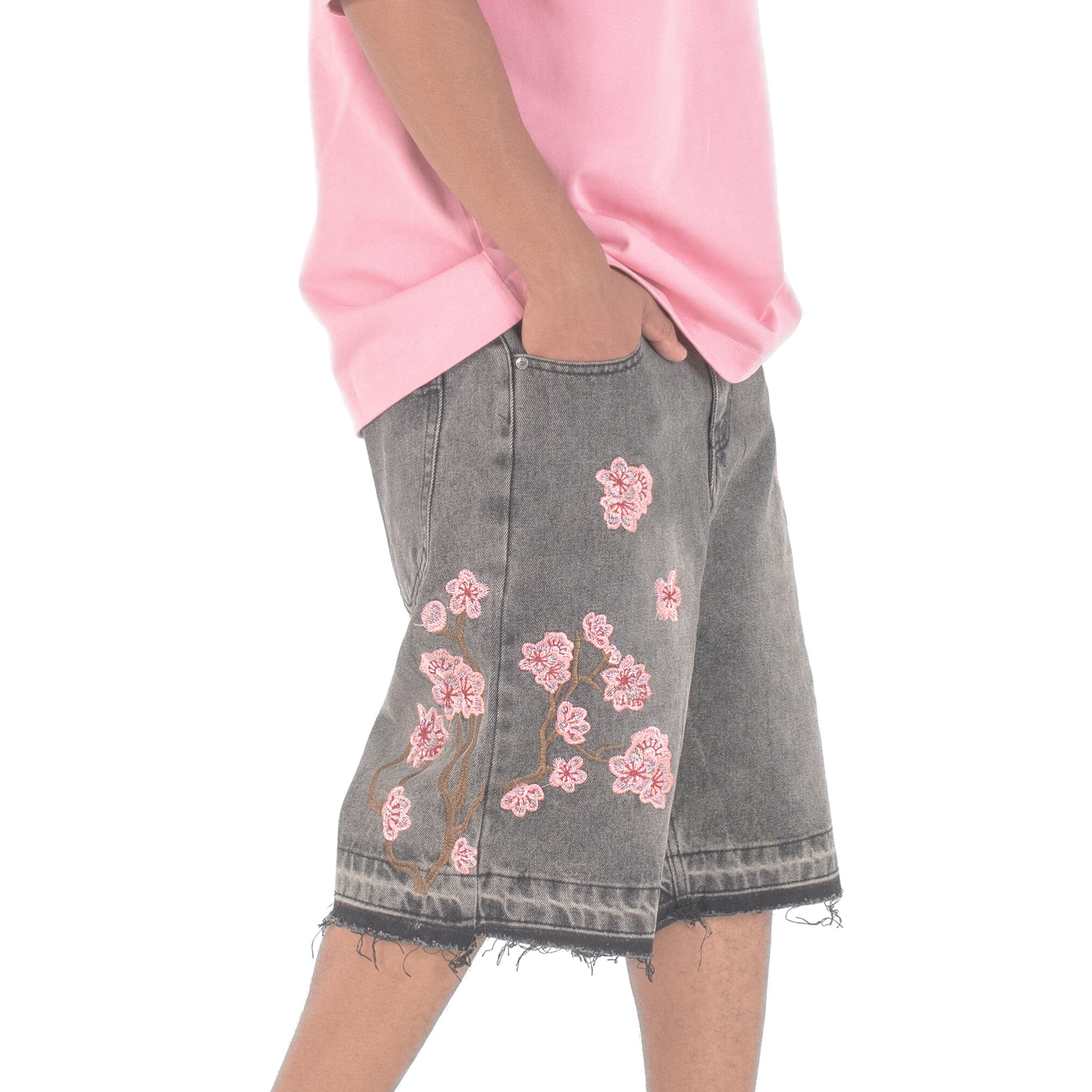 Sakura Bloom Embroidered Denim Shorts